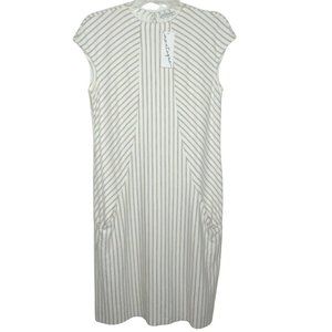 New Montagne Striped Dress M White Beige Stretch Knit Viscose